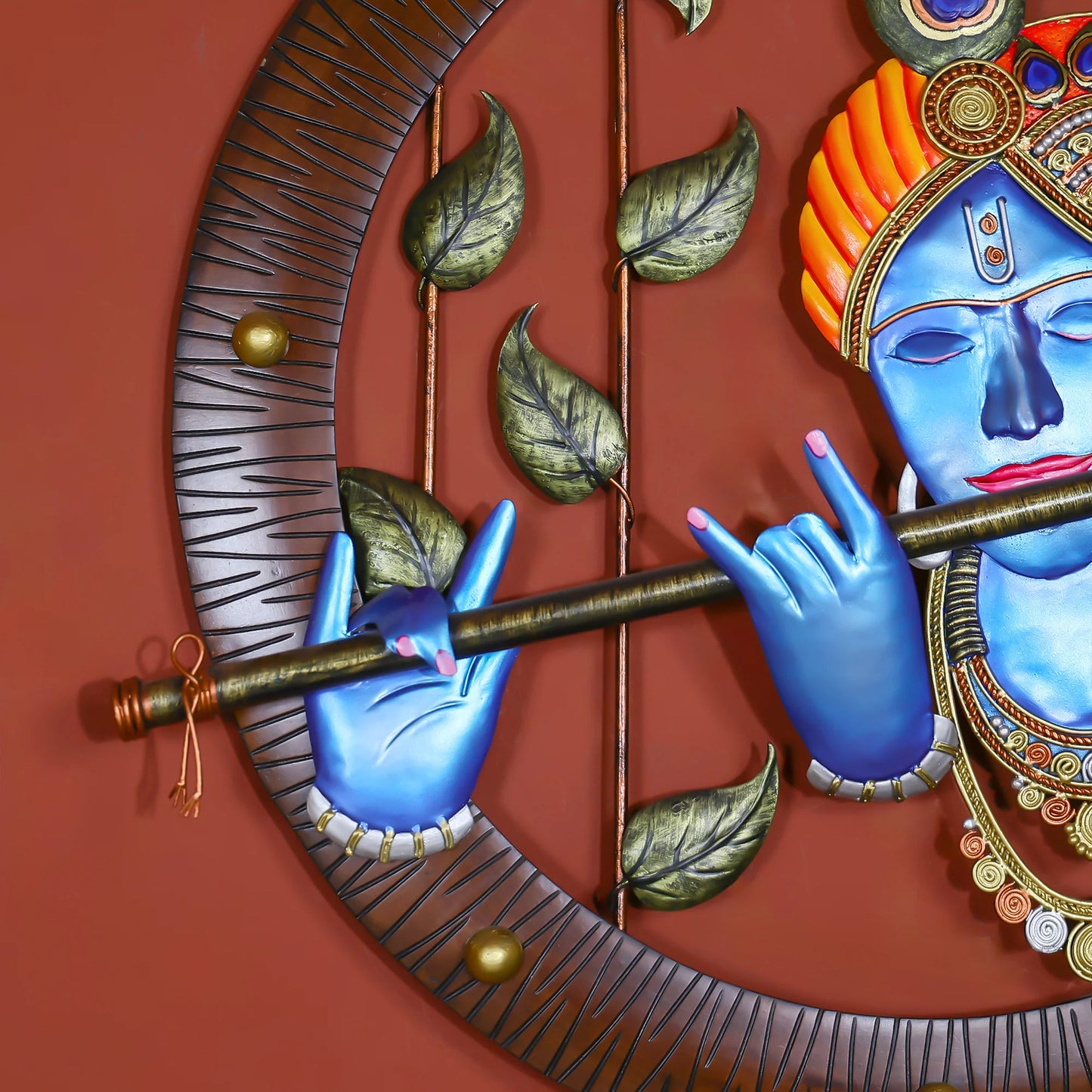 Divine Krishna with Flute in Wooden Circle