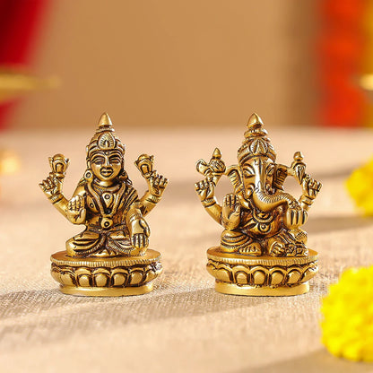 Brass Mata Lakshmi & Lord Ganesha Idols Seated On Lotus Set