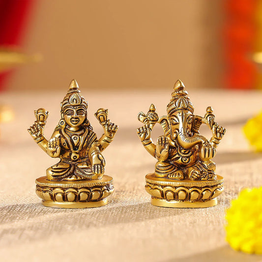 Brass Mata Lakshmi & Lord Ganesha Idols Seated On Lotus Set