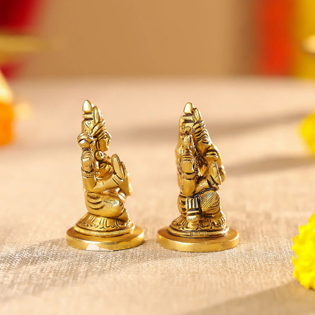 2.5" Brass Lord Ganesha & Laxmi Seated On Round Base Idol Set