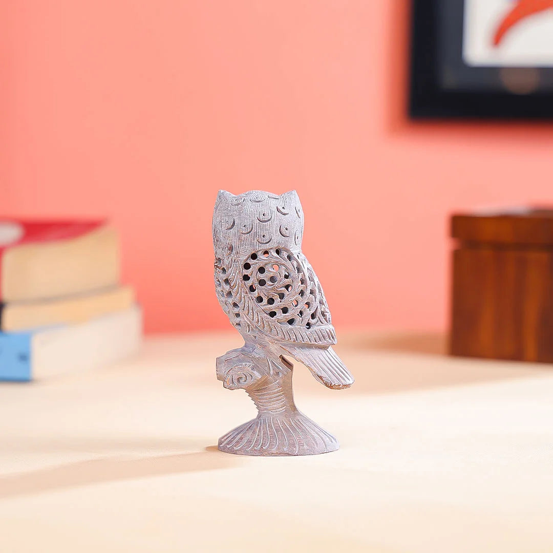 Stone Carved Undercut Owl Figure Table Decor