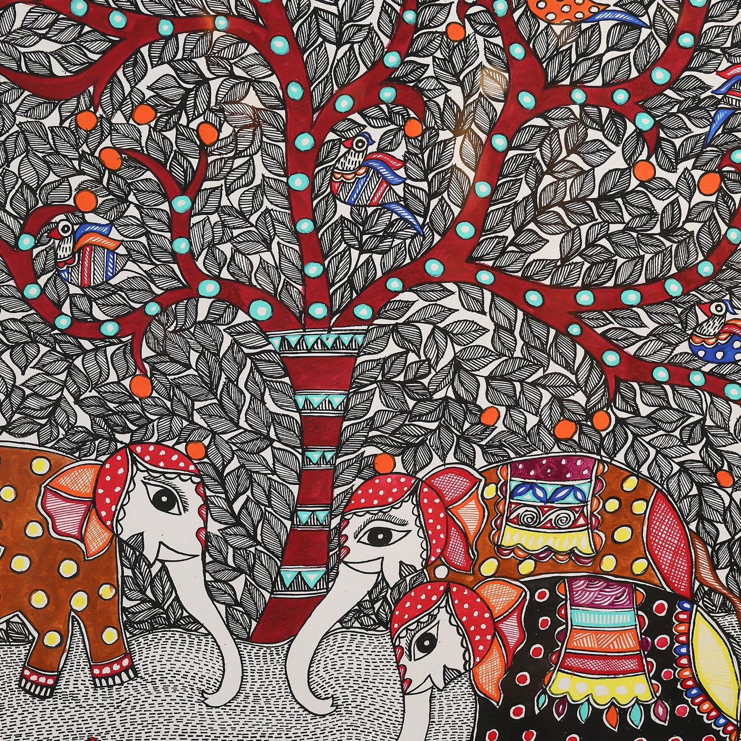 Colourful Painting Of Elephants, Birds, Trees, And Fish