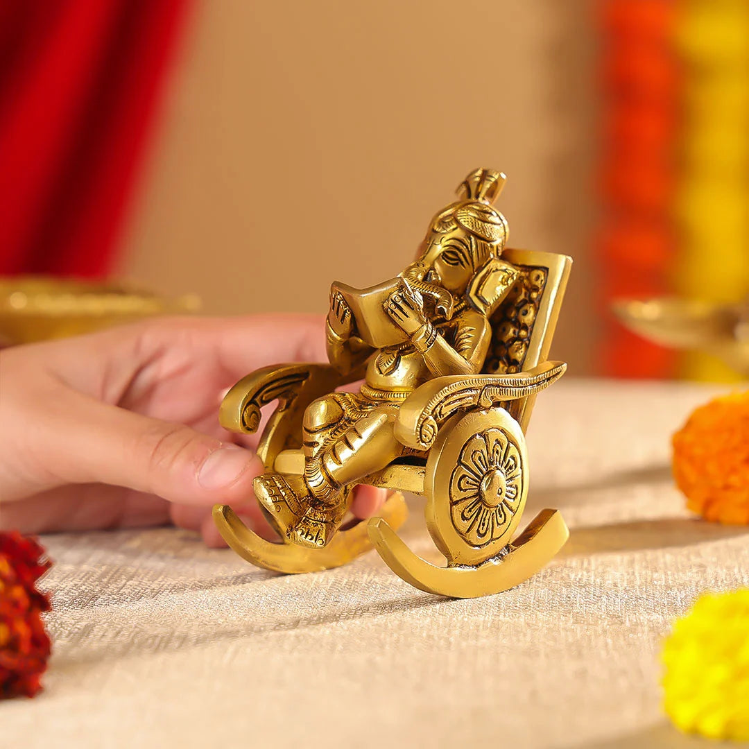 Brass Superfine Lord Ganesha Seated On A Rocking Chair