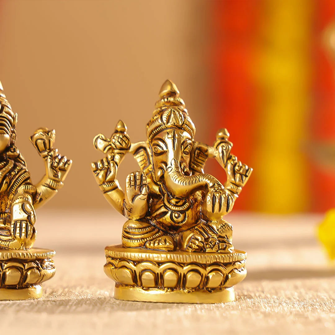 Brass Mata Lakshmi & Lord Ganesha Idols Seated On Lotus Set