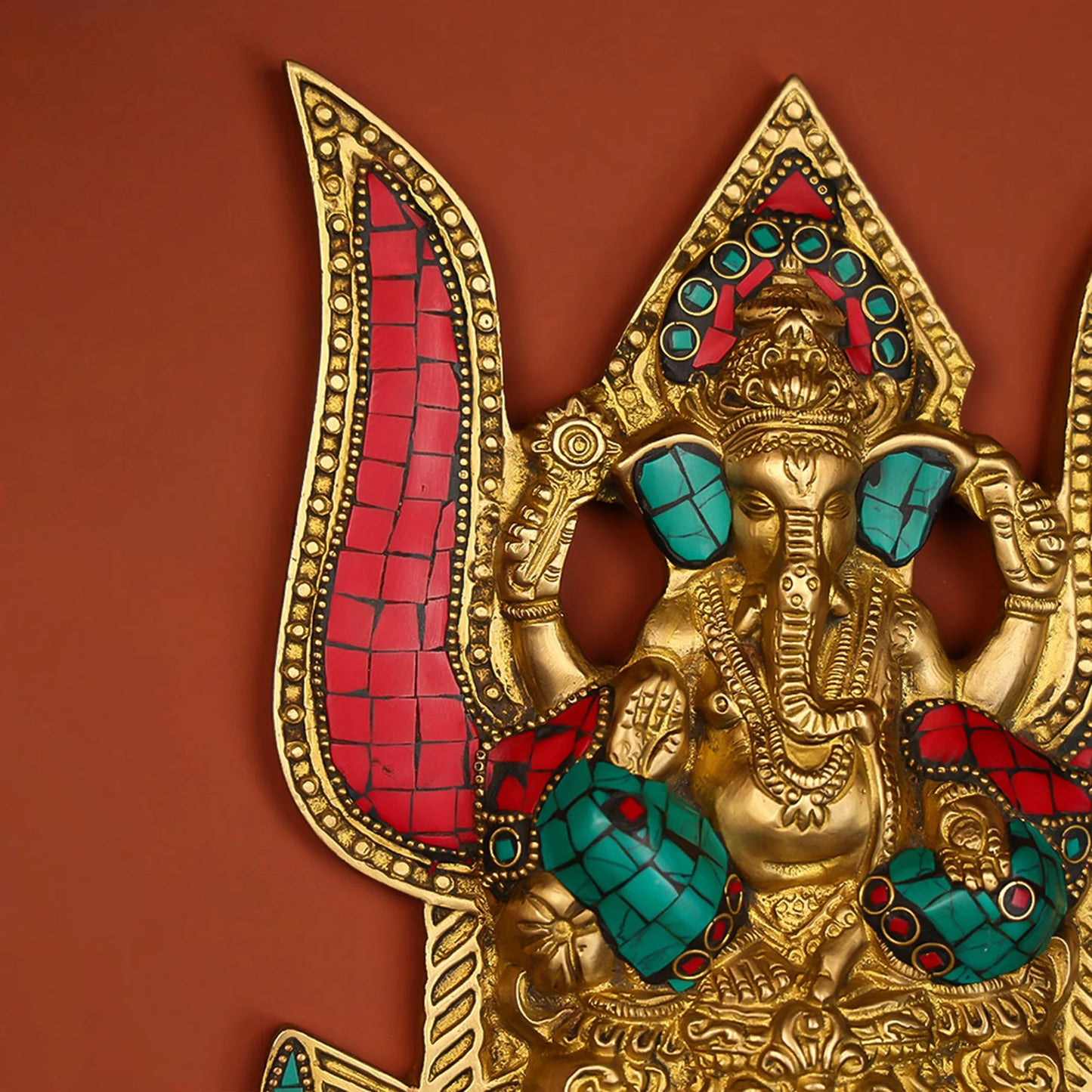 Brass Ganesha Wall Hanging with Stone Work - 3