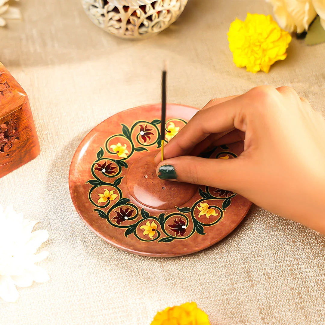 Hand Painted Stone Crafted Circular Shaped Floral Incense Holder Plate