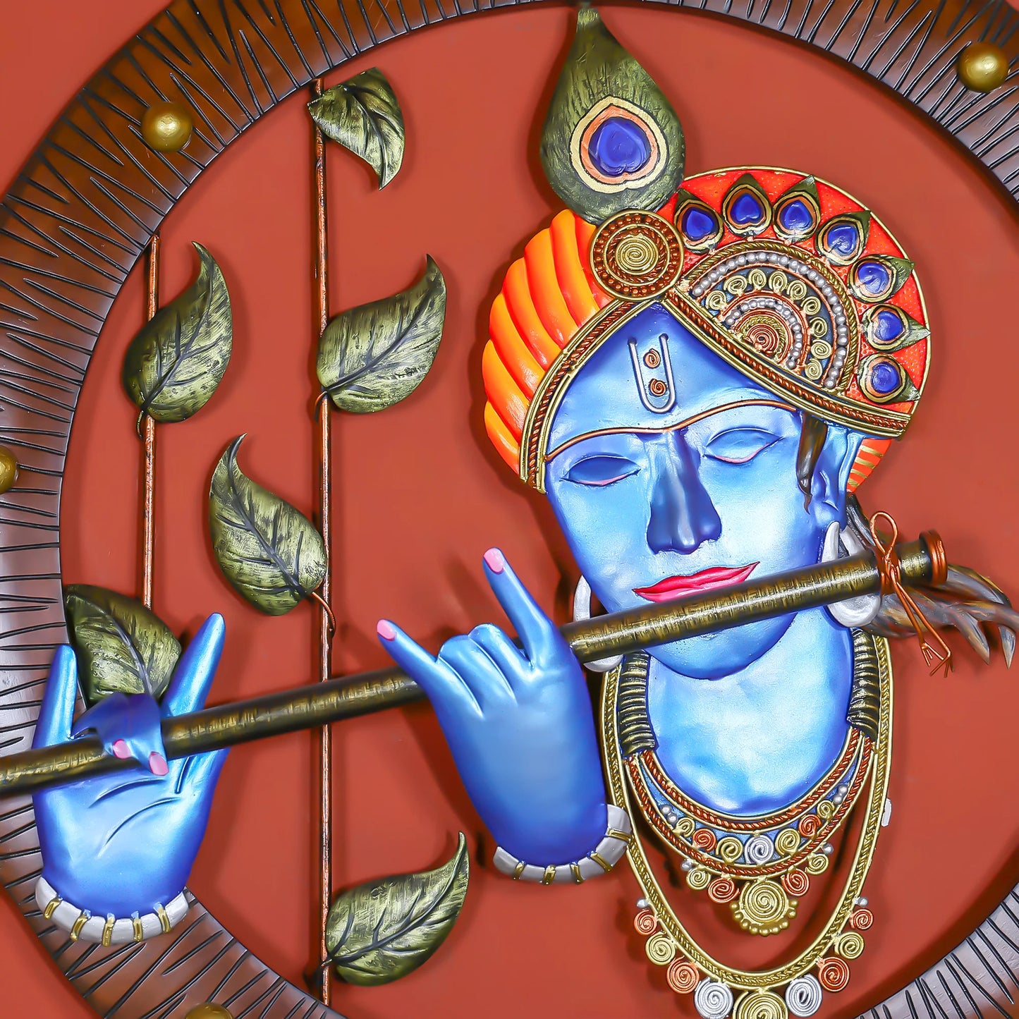 Divine Krishna with Flute in Wooden Circle