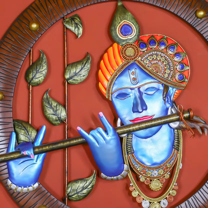 Divine Krishna with Flute in Wooden Circle