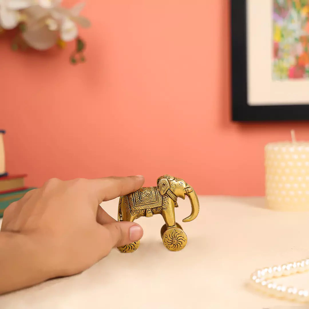 3.5" Brass Elephant on Wheels Toy 4