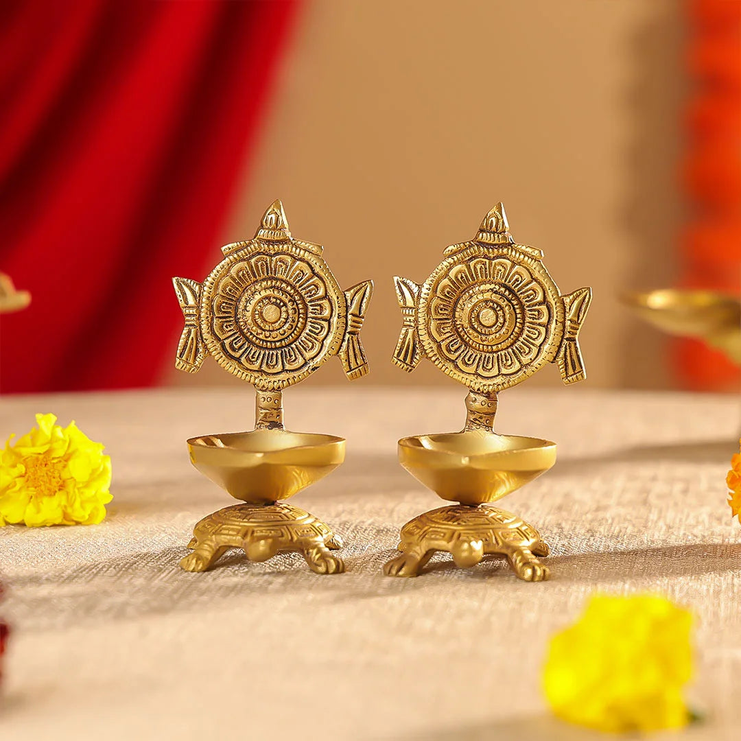 4.25" Brass Shankh And Chakra Diya On Tortoise Set