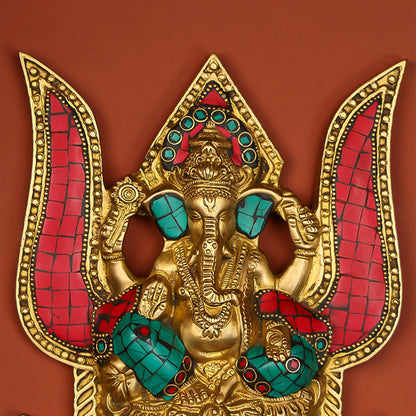 Brass Ganesha Wall Hanging with Stone Work - 3