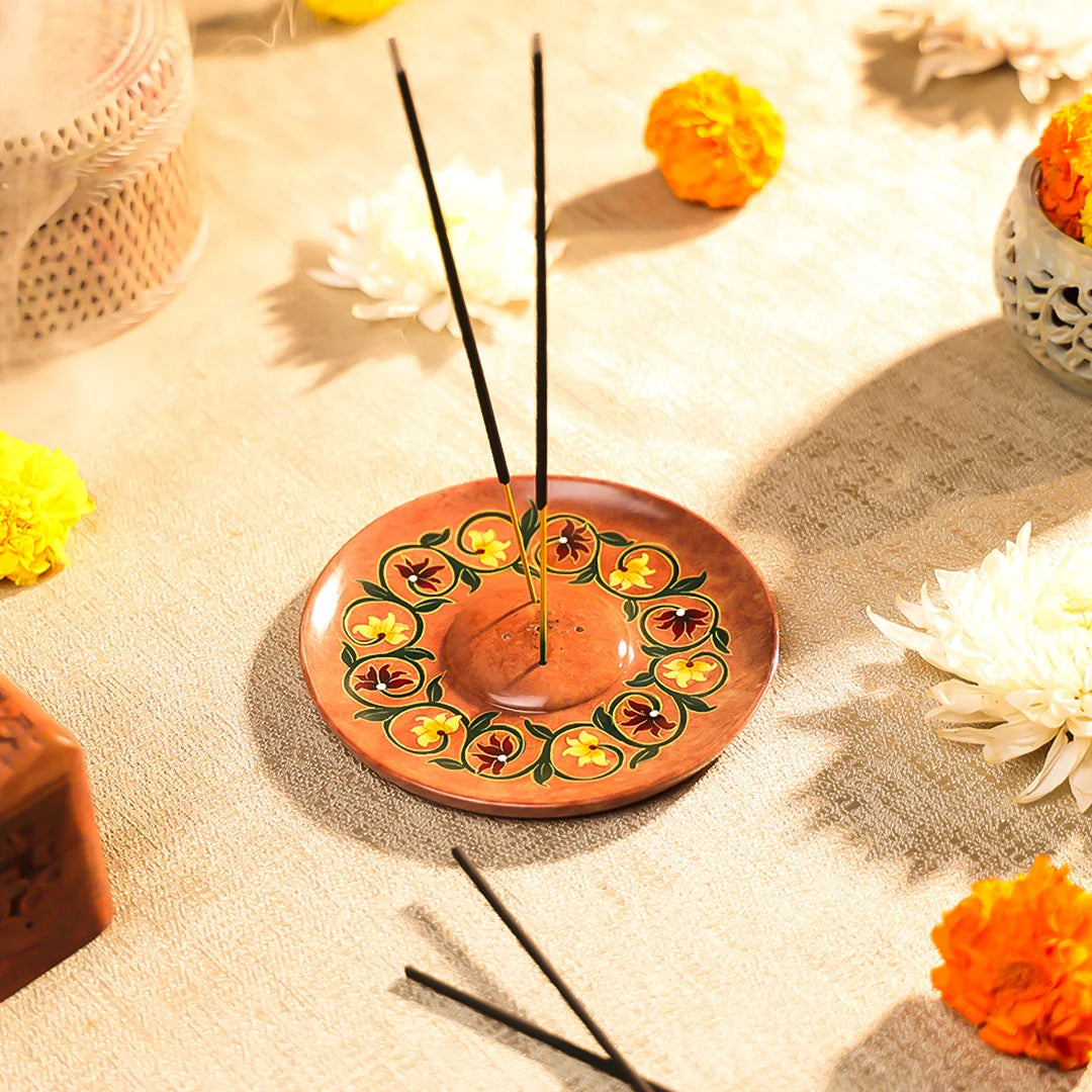 Hand Painted Stone Crafted Circular Shaped Floral Incense Holder Plate