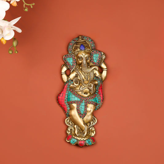 Divine Ganesha Brass Inlay Stonework Idol