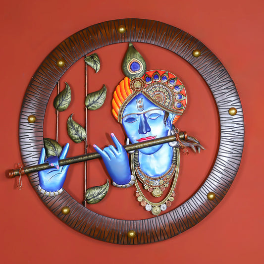 Divine Krishna with Flute in Wooden Circle