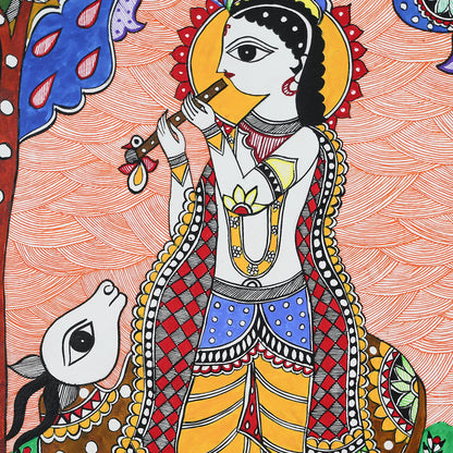 Lord Krishna Playing His Flute Under A Tree With Peacocks