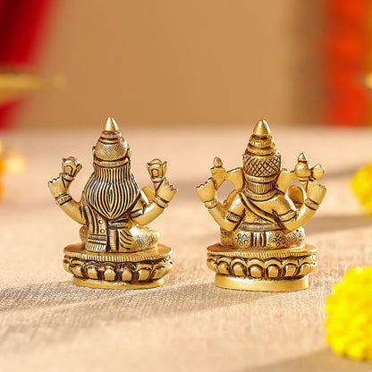 Brass Mata Lakshmi & Lord Ganesha Idols Seated On Lotus Set