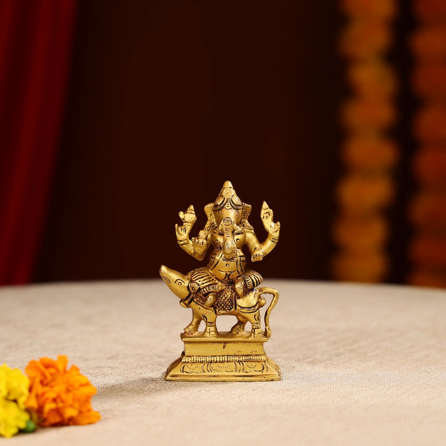 4.5" Super Fine Brass Lord Ganesha Idol Seated on Mouse