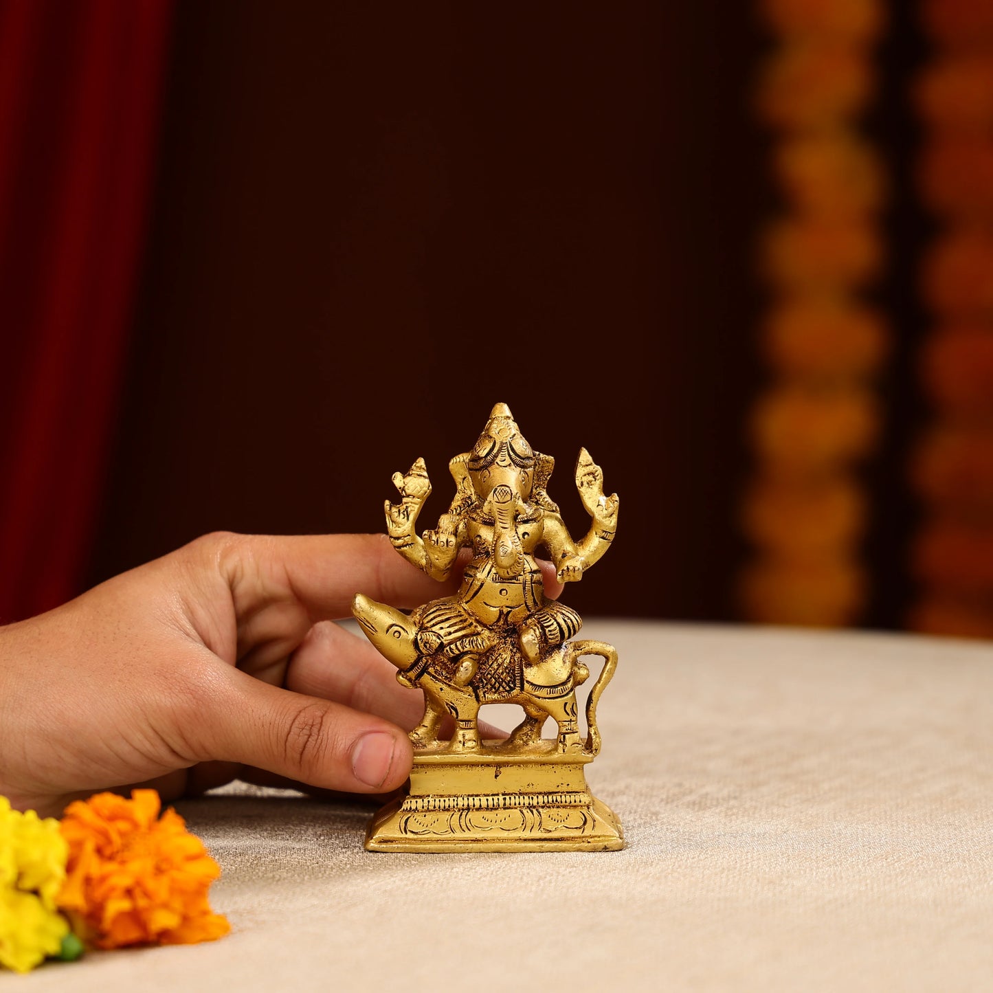 4.5" Super Fine Brass Lord Ganesha Idol Seated on Mouse