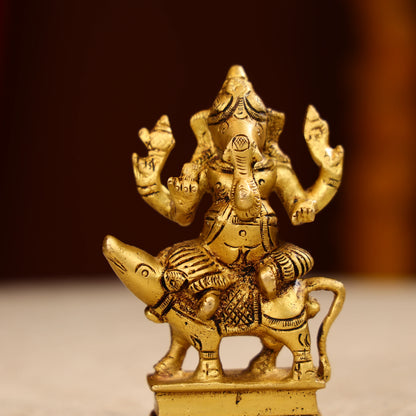 4.5" Super Fine Brass Lord Ganesha Idol Seated on Mouse