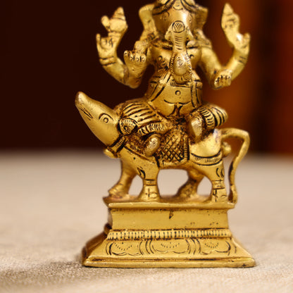 4.5" Super Fine Brass Lord Ganesha Idol Seated on Mouse