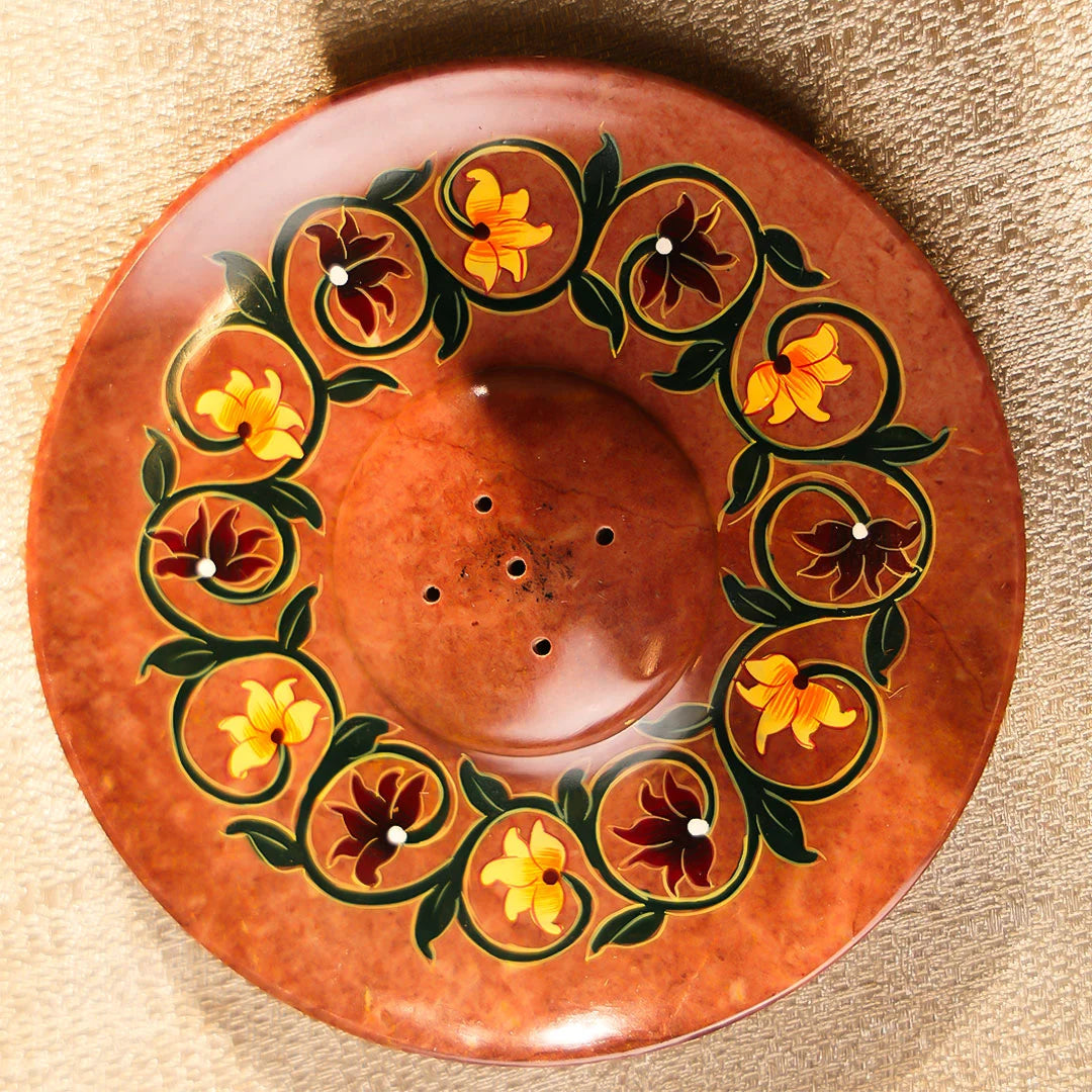 Hand Painted Stone Crafted Circular Shaped Floral Incense Holder Plate