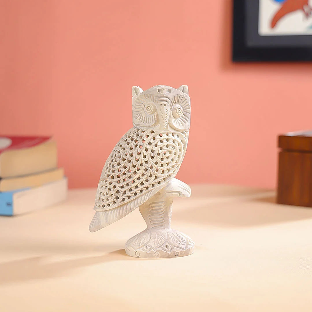 Stone Carved Undercut Owl Figure Table Decor - Large