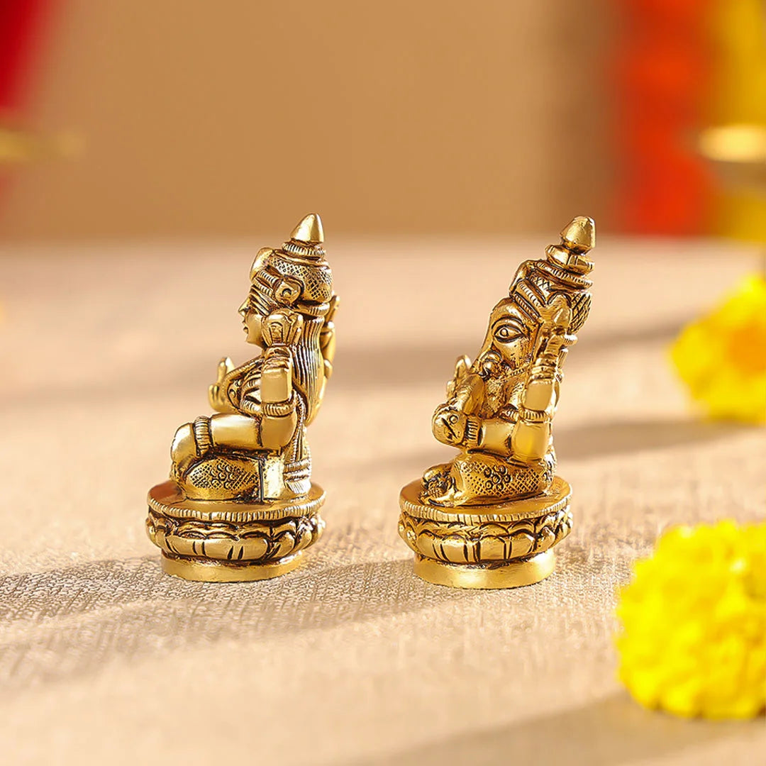 Brass Mata Lakshmi & Lord Ganesha Idols Seated On Lotus Set