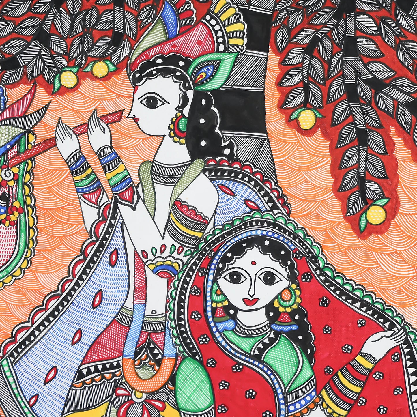 Krishna Playing Flute with Radha And Birds Under A Tree