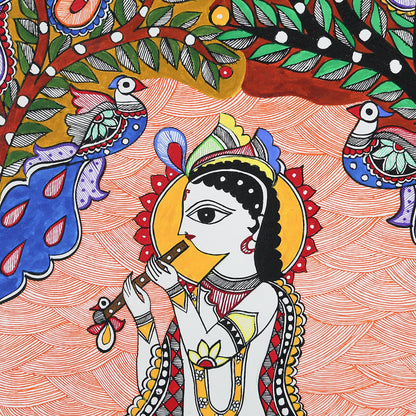 Lord Krishna Playing His Flute Under A Tree With Peacocks