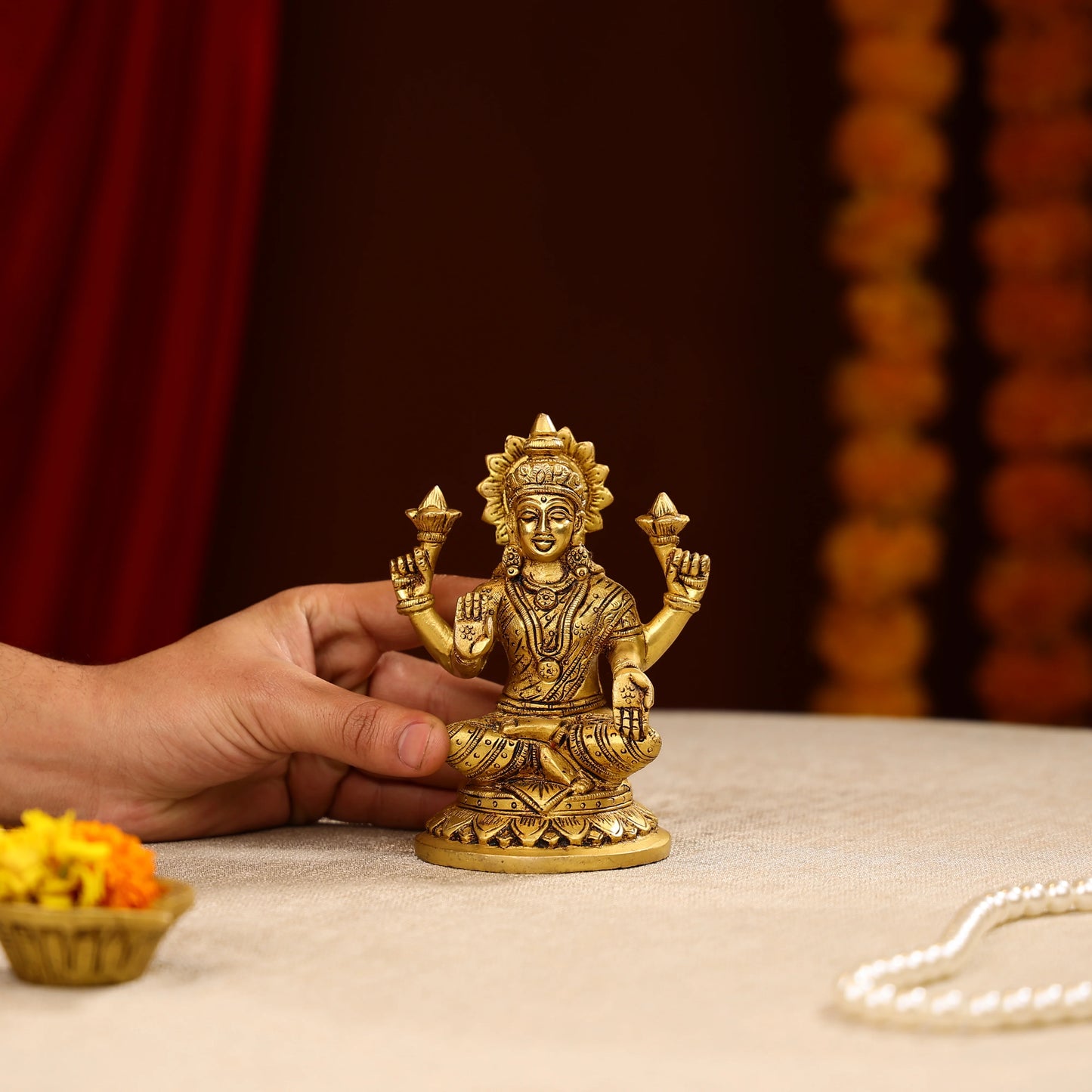 5.5" Super Fine Brass Blessing Goddess Laxmi Seated On Round Base