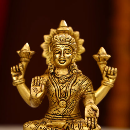 5.5" Super Fine Brass Blessing Goddess Laxmi Seated On Round Base