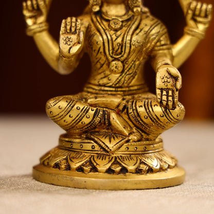 5.5" Super Fine Brass Blessing Goddess Laxmi Seated On Round Base