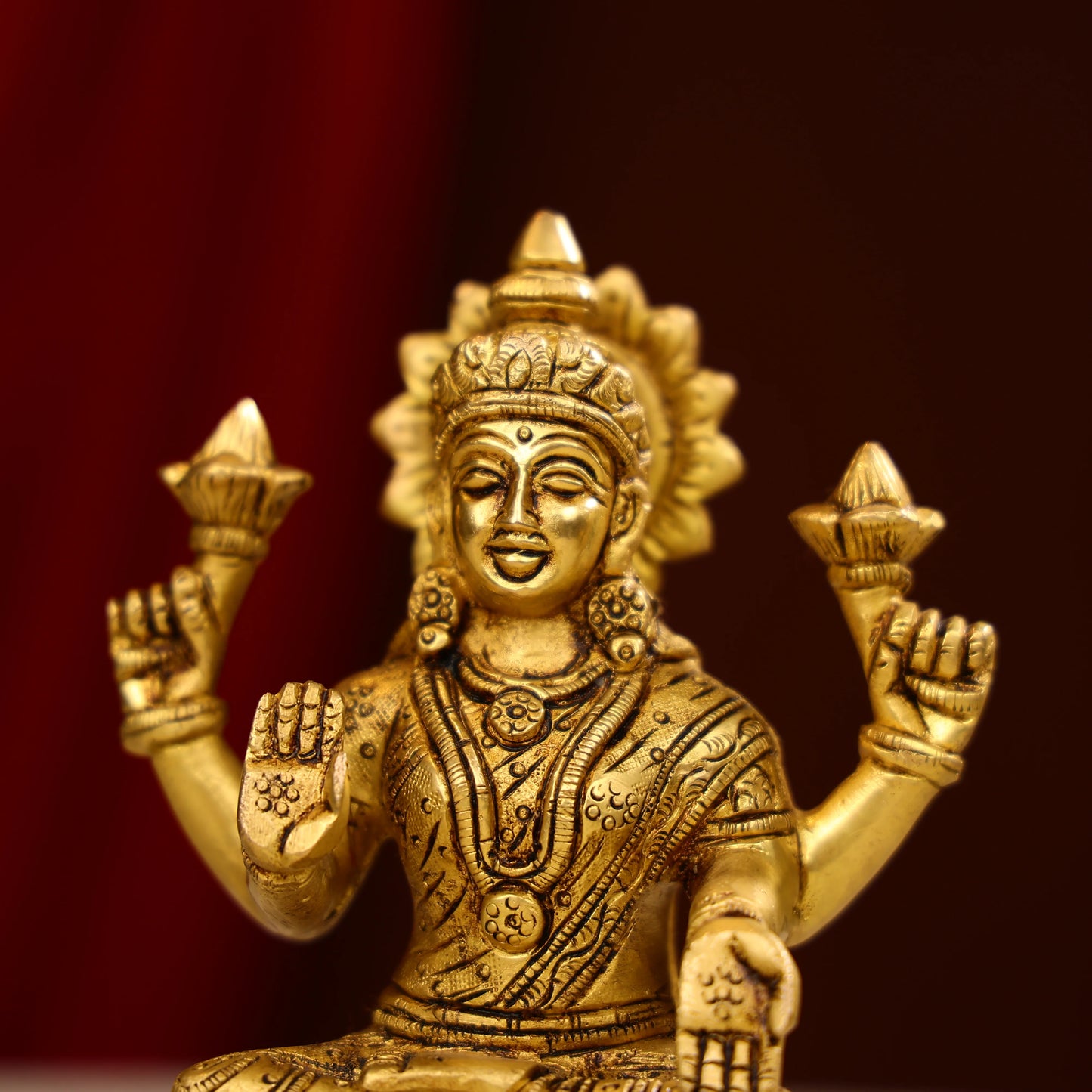 5.5" Super Fine Brass Blessing Goddess Laxmi Seated On Round Base