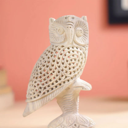 Stone Carved Undercut Owl Figure Table Decor - Large