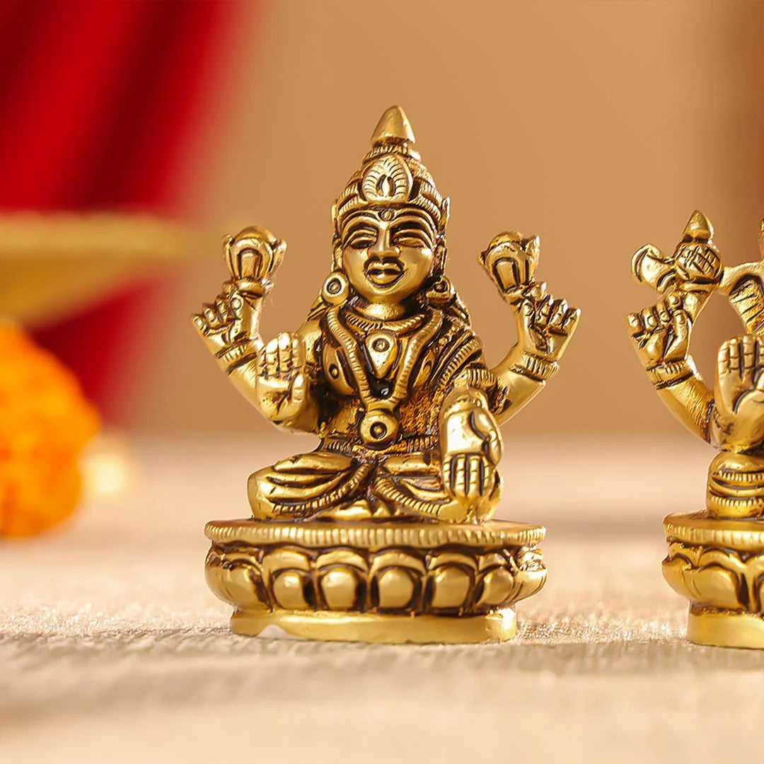 Brass Mata Lakshmi & Lord Ganesha Idols Seated On Lotus Set