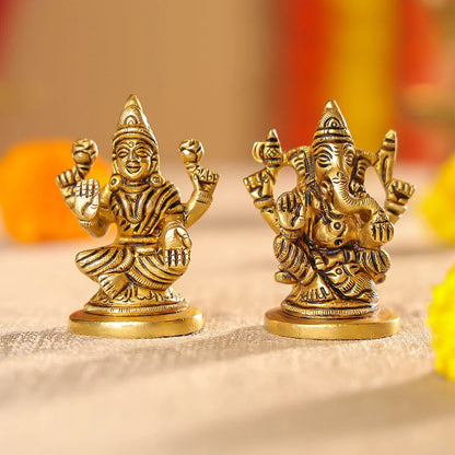 2.5" Brass Lord Ganesha & Laxmi Seated On Round Base Idol Set