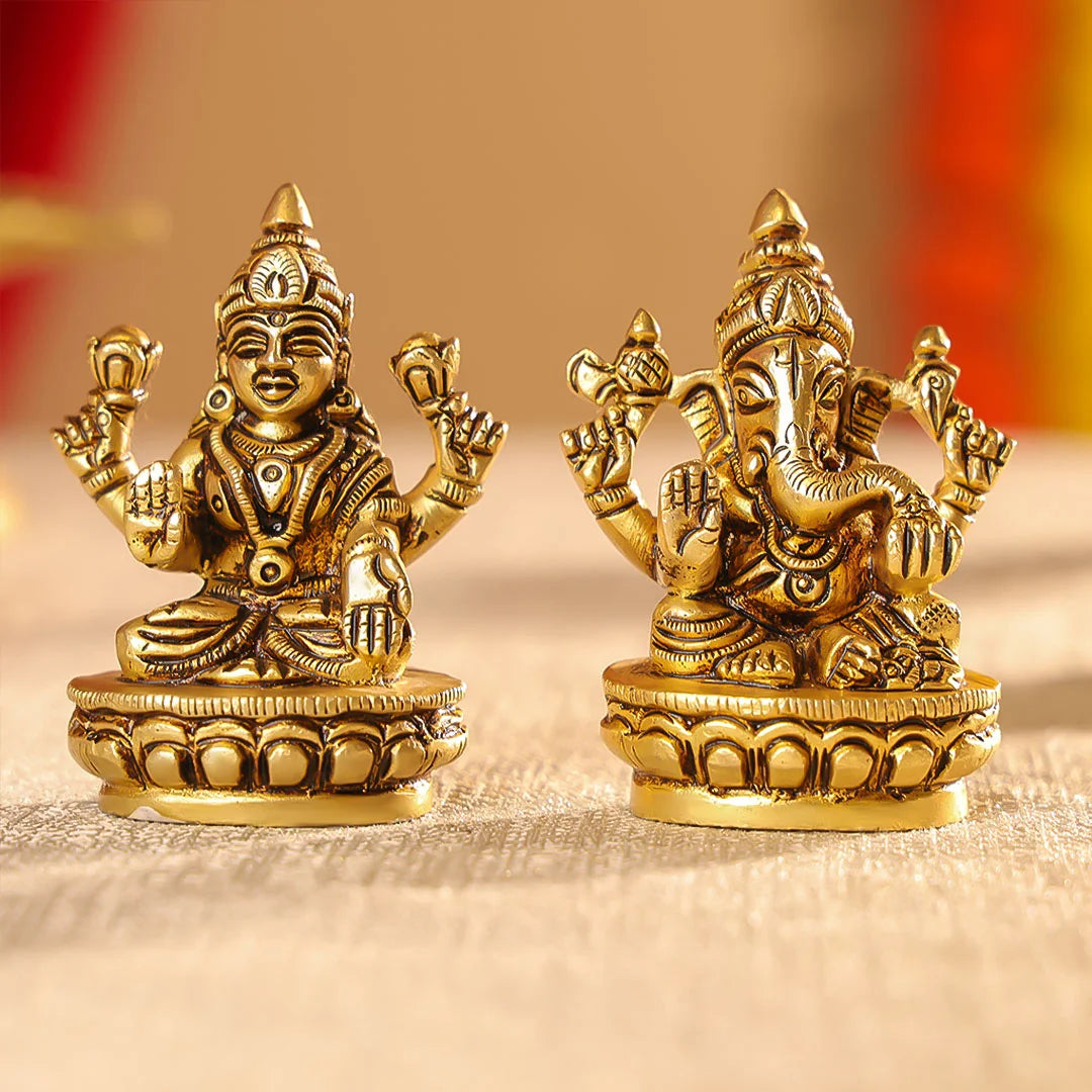 Brass Mata Lakshmi & Lord Ganesha Idols Seated On Lotus Set