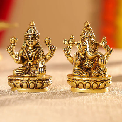 Brass Mata Lakshmi & Lord Ganesha Idols Seated On Lotus Set