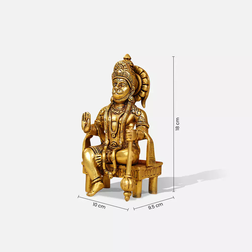 7" Brass Blessing Hanuman Idol Seated On A Chowki