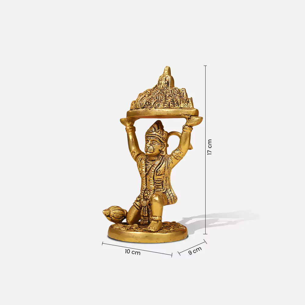 7" Brass Lord Hanuman Idol Carrying The Sanjeevani Mountain