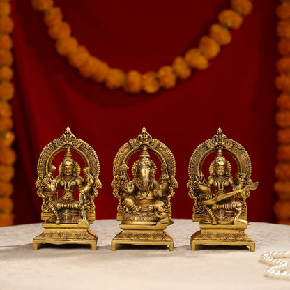 7.5" Brass Lakshmi, Ganesha, And Saraswati Trio Idols Seated On Throne