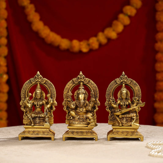 7.5" Brass Lakshmi, Ganesha, And Saraswati Trio Idols Seated On Throne