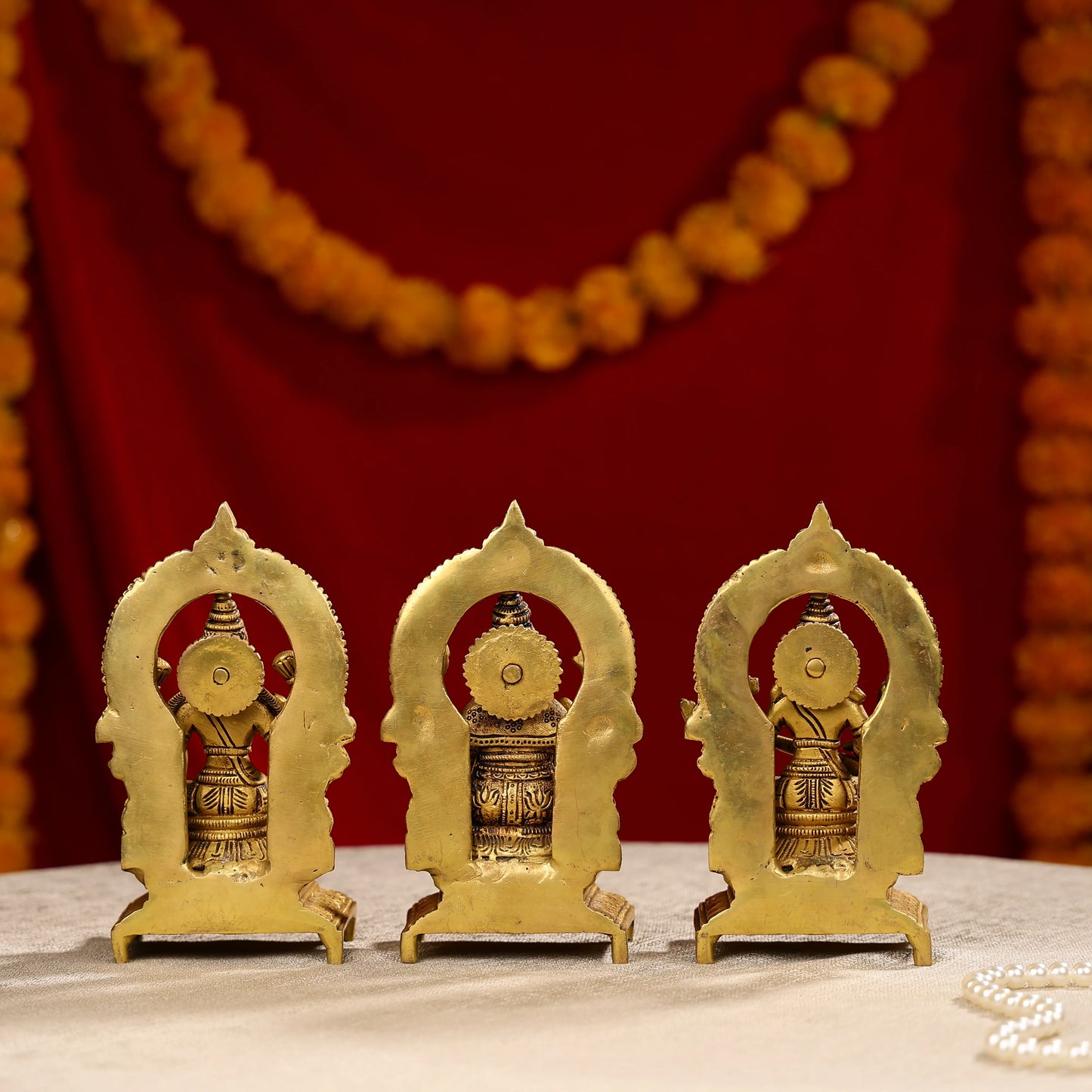 7.5" Brass Lakshmi, Ganesha, And Saraswati Trio Idols Seated On Throne