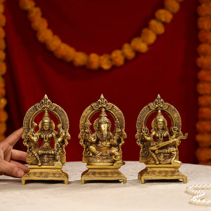 7.5" Brass Lakshmi, Ganesha, And Saraswati Trio Idols Seated On Throne