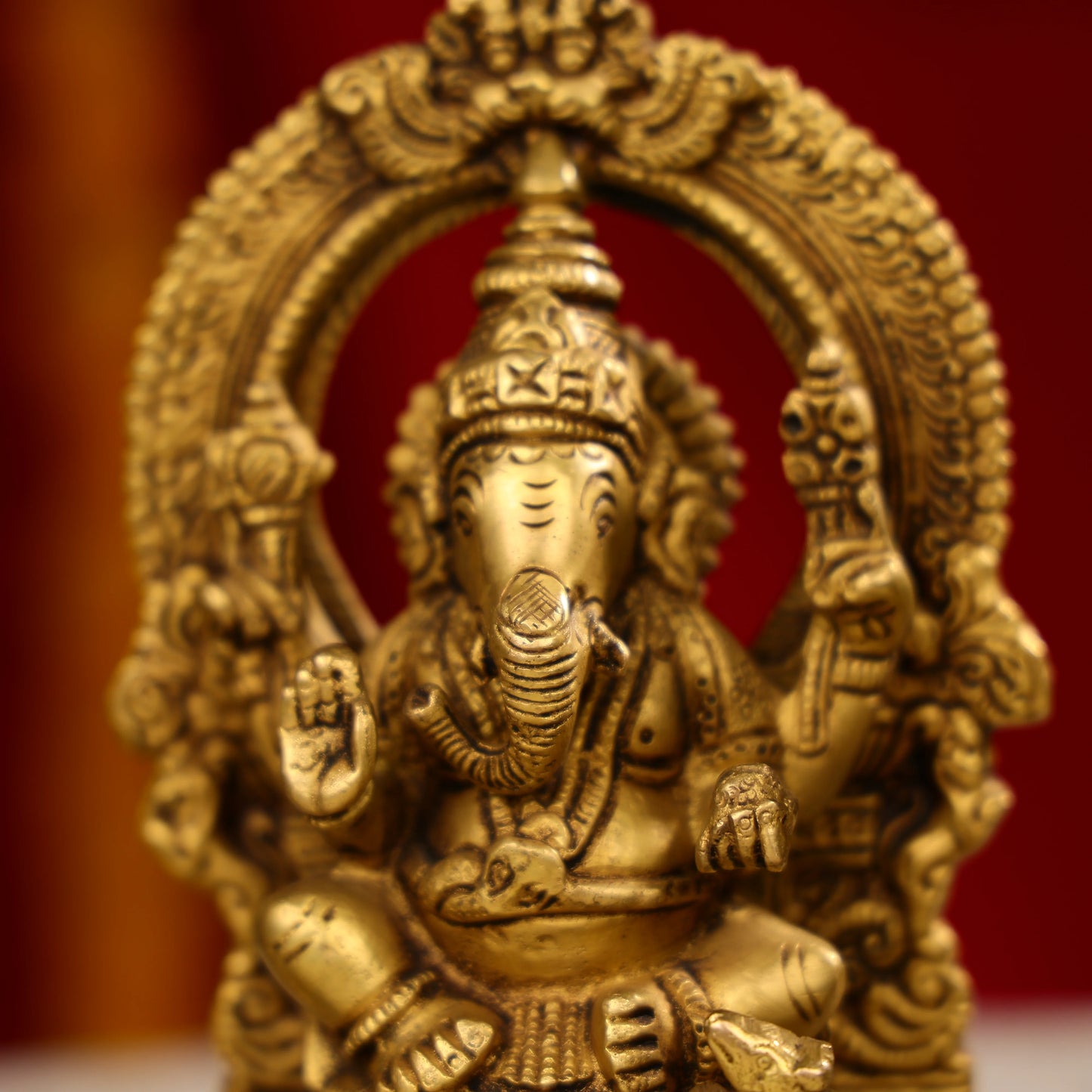 7.5" Brass Lakshmi, Ganesha, And Saraswati Trio Idols Seated On Throne