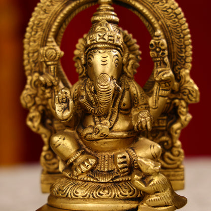 7.5" Brass Lakshmi, Ganesha, And Saraswati Trio Idols Seated On Throne