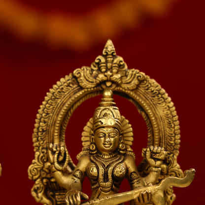 7.5" Brass Lakshmi, Ganesha, And Saraswati Trio Idols Seated On Throne