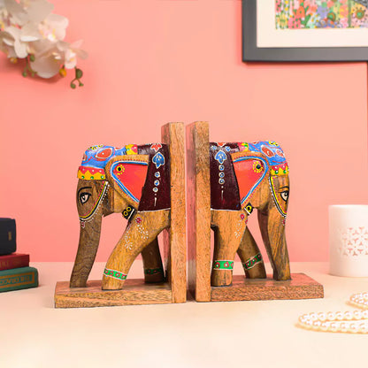 Colourful Wooden Elephant Bookends