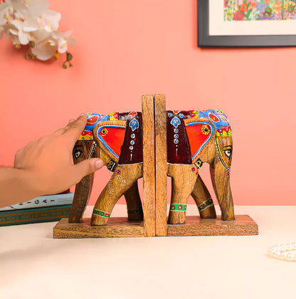 Colourful Wooden Elephant Bookends