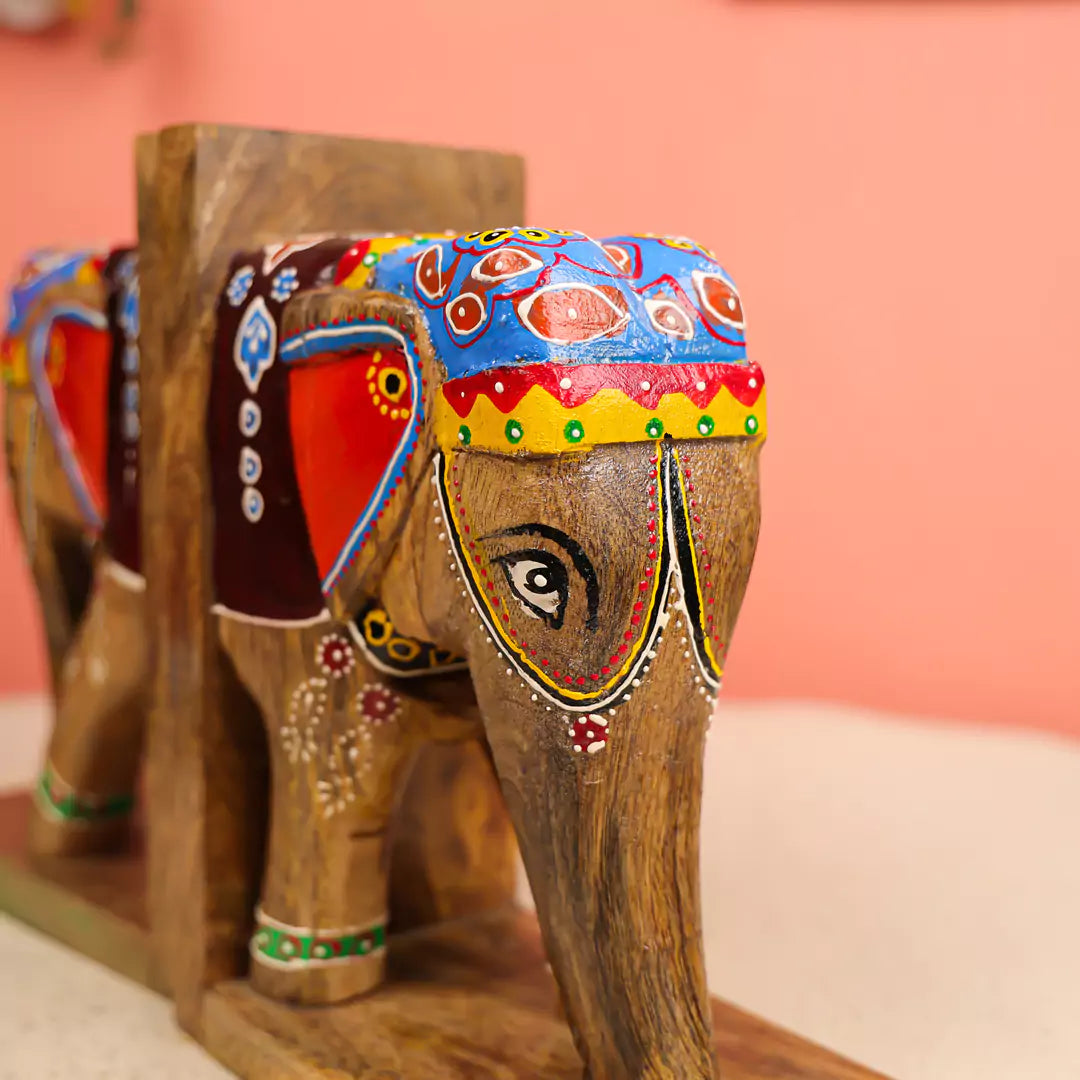 Colourful Wooden Elephant Bookends